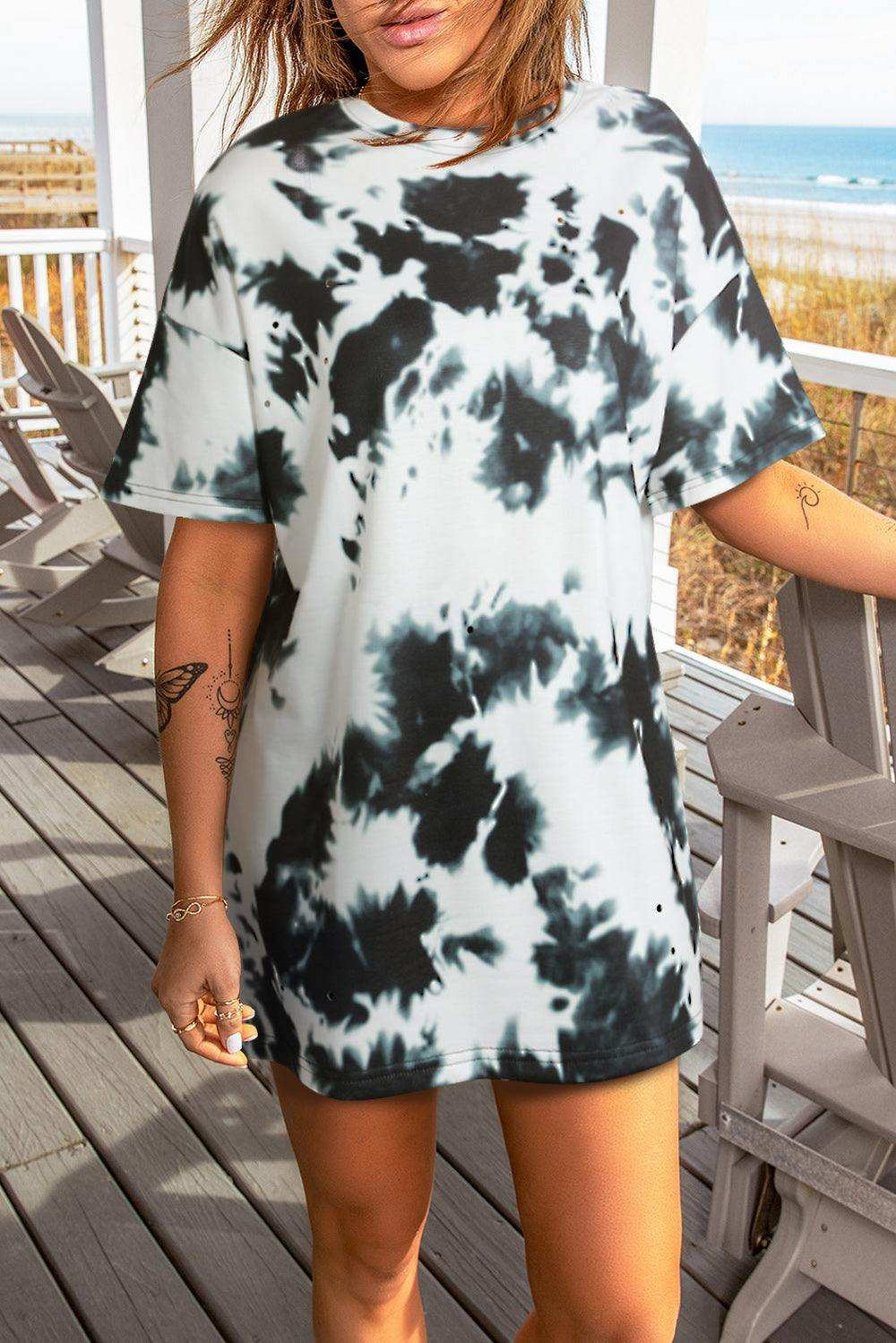 Tie-Dye Round Neck Short Sleeve Tunic Tee - Trendsi - Flyclothing LLC