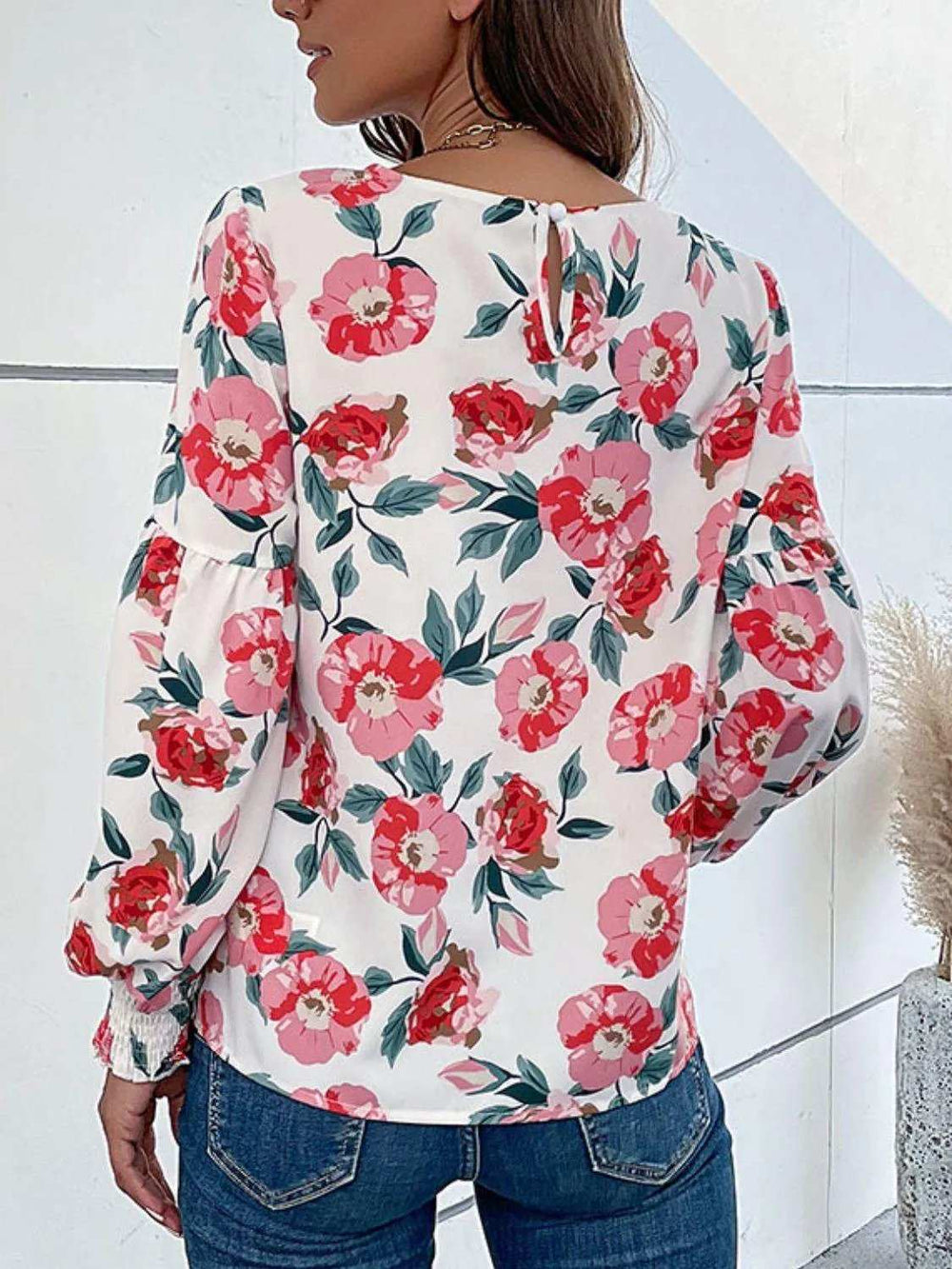 Floral Long Puff Sleeve Round Neck Blouse - Trendsi - Flyclothing LLC