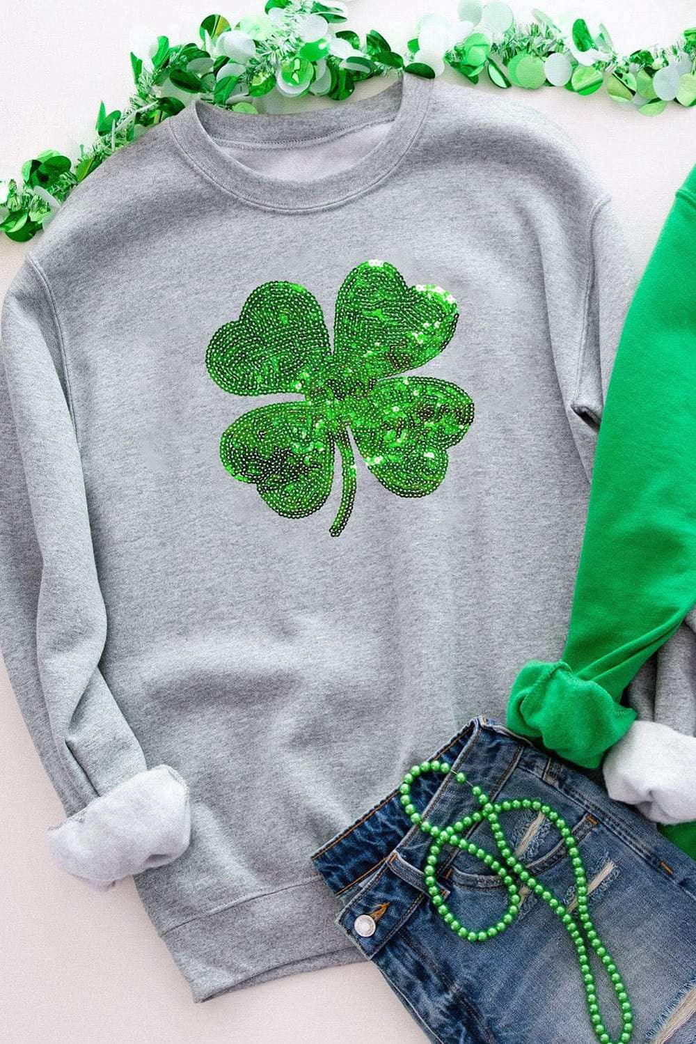 Lucky Clover Sequin Round Neck Sweatshirt - Trendsi - Flyclothing LLC