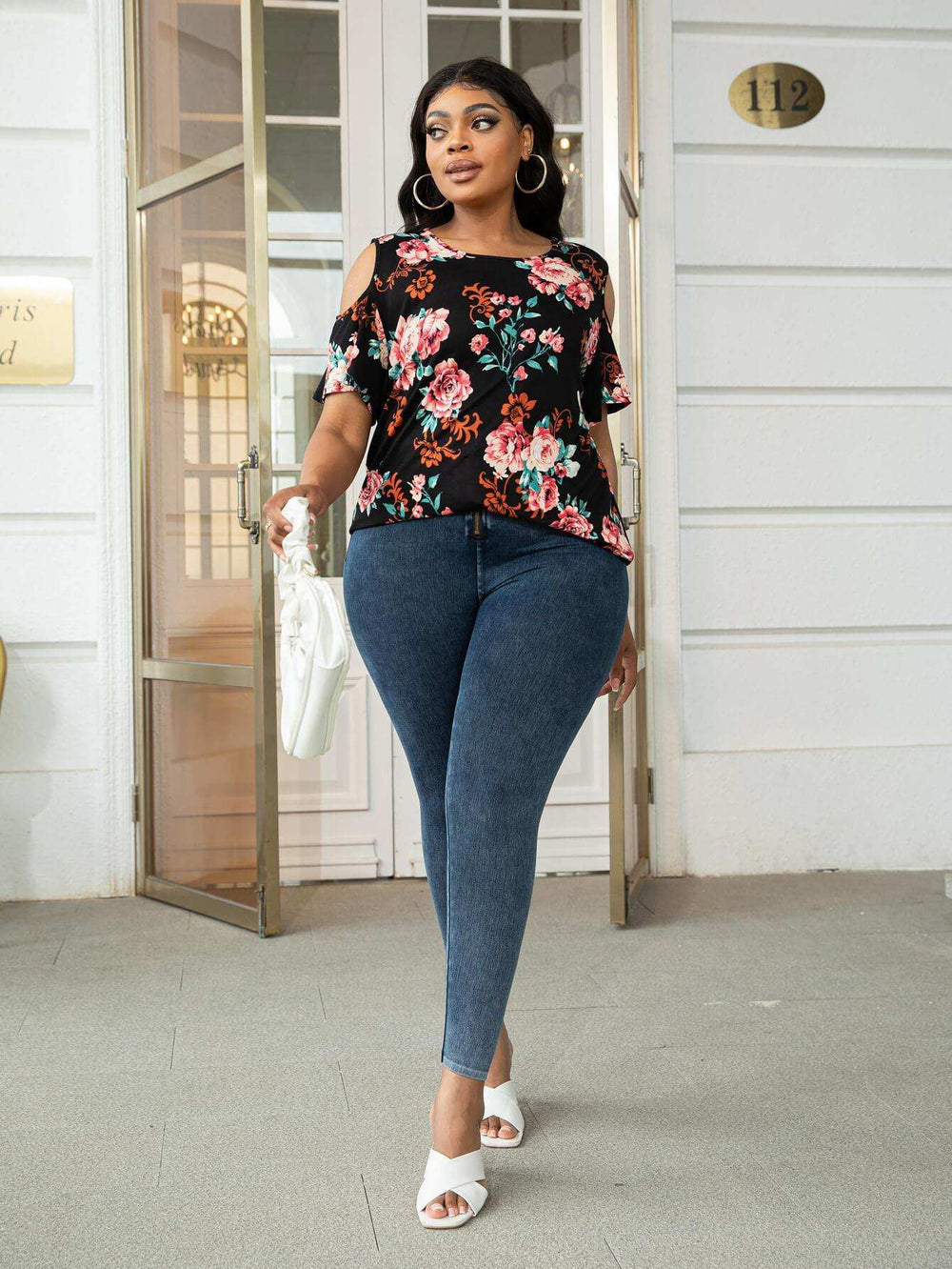 Plus Size Cold-Shoulder Round Neck Curved Hem Tee - Trendsi - Flyclothing LLC