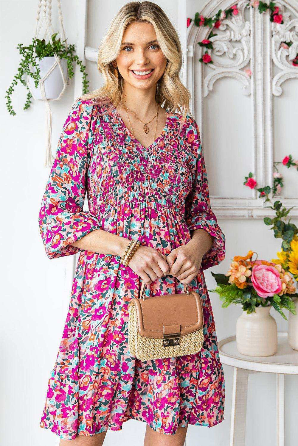 Floral Smocked V-Neck Flounce Sleeve Dress - Trendsi - Flyclothing LLC