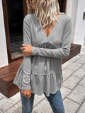 Waffle-knit V-Neck Long Sleeve Blouse - Trendsi - Flyclothing LLC