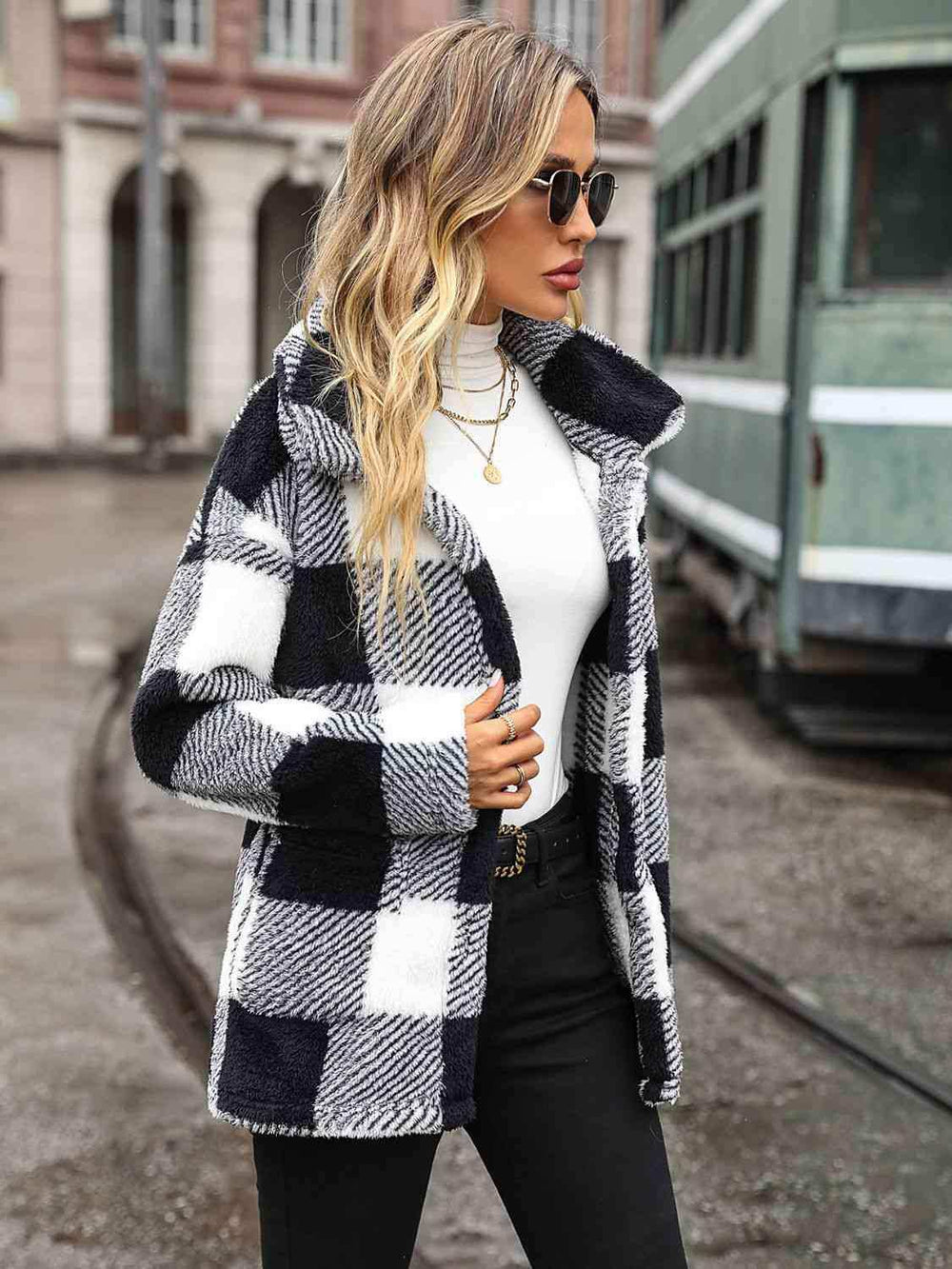 Plaid Collared Neck Button Down Jacket - Trendsi - Flyclothing LLC