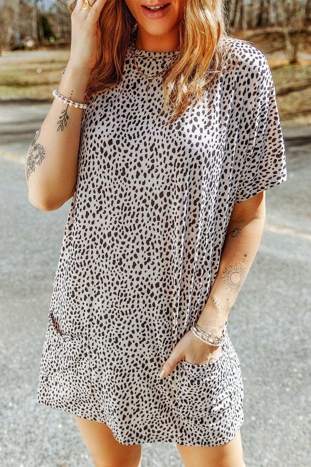 Animal Print Round Neck Tunic Tee with Pockets - Trendsi - Flyclothing LLC