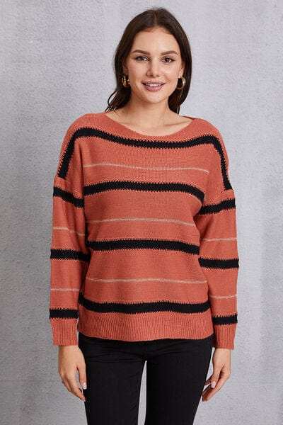 Striped Round Neck Dropped Shoulder Sweater - Trendsi - Flyclothing LLC