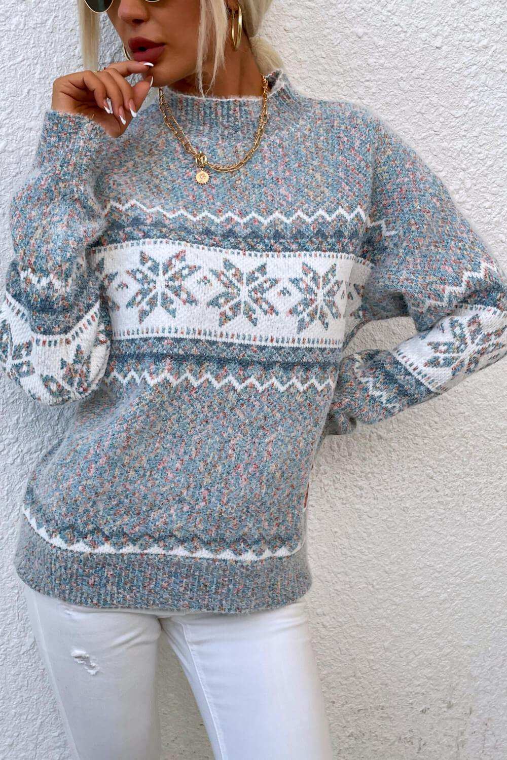 Snowflake Pattern Mock Neck Sweater - Trendsi - Flyclothing LLC