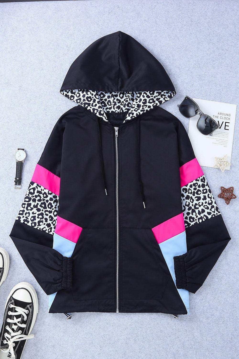 Leopard Color Block Zip-Up Hooded Jacket - Trendsi - Flyclothing LLC