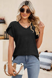 Eyelet V-Neck Petal Sleeve T-Shirt - Trendsi - Flyclothing LLC