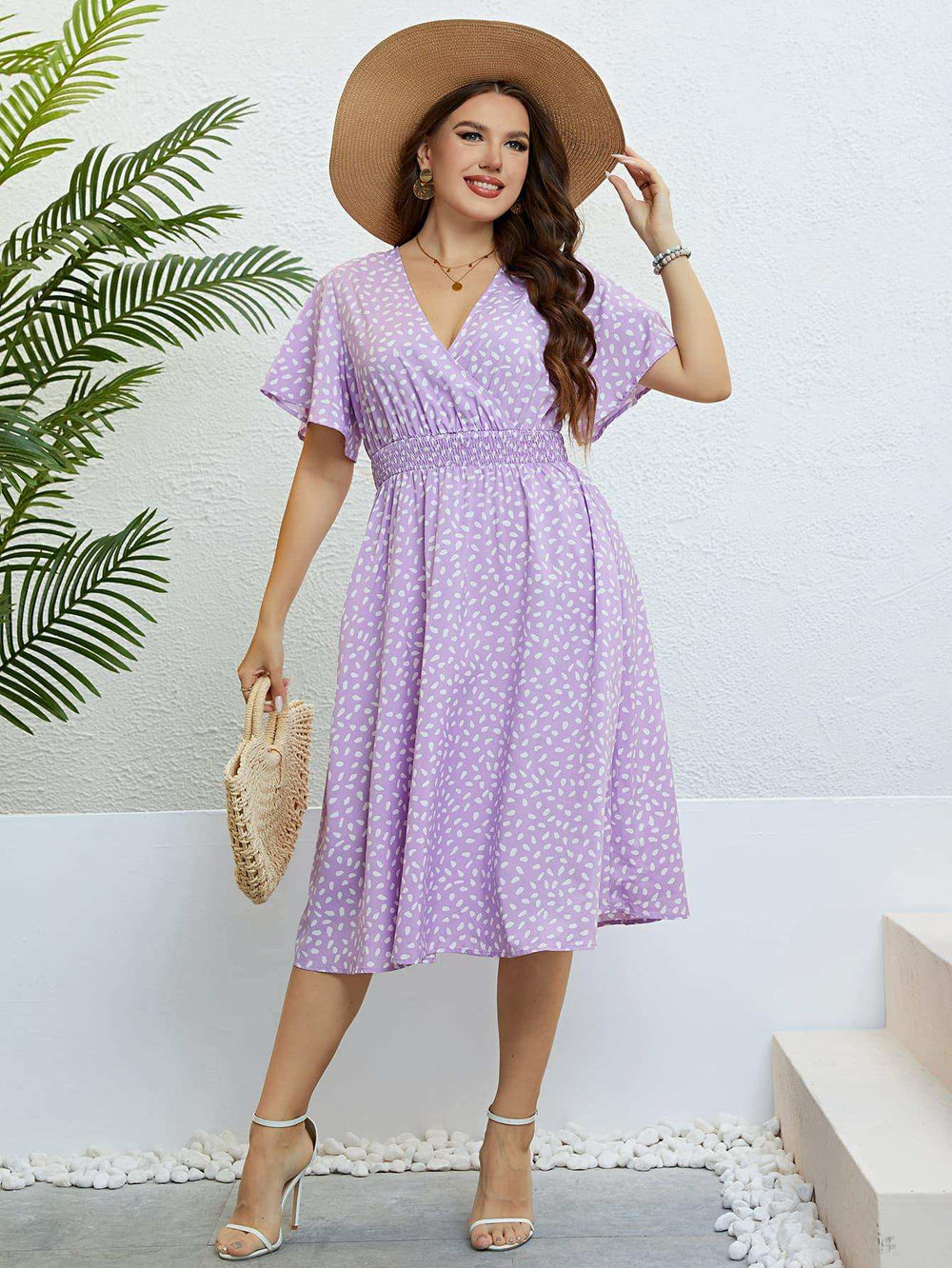 Plus Size Printed Smocked Waist Surplice Dress - Trendsi - Flyclothing LLC