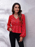 Floral V-Neck Balloon Sleeve Peplum Blouse - Trendsi - Flyclothing LLC