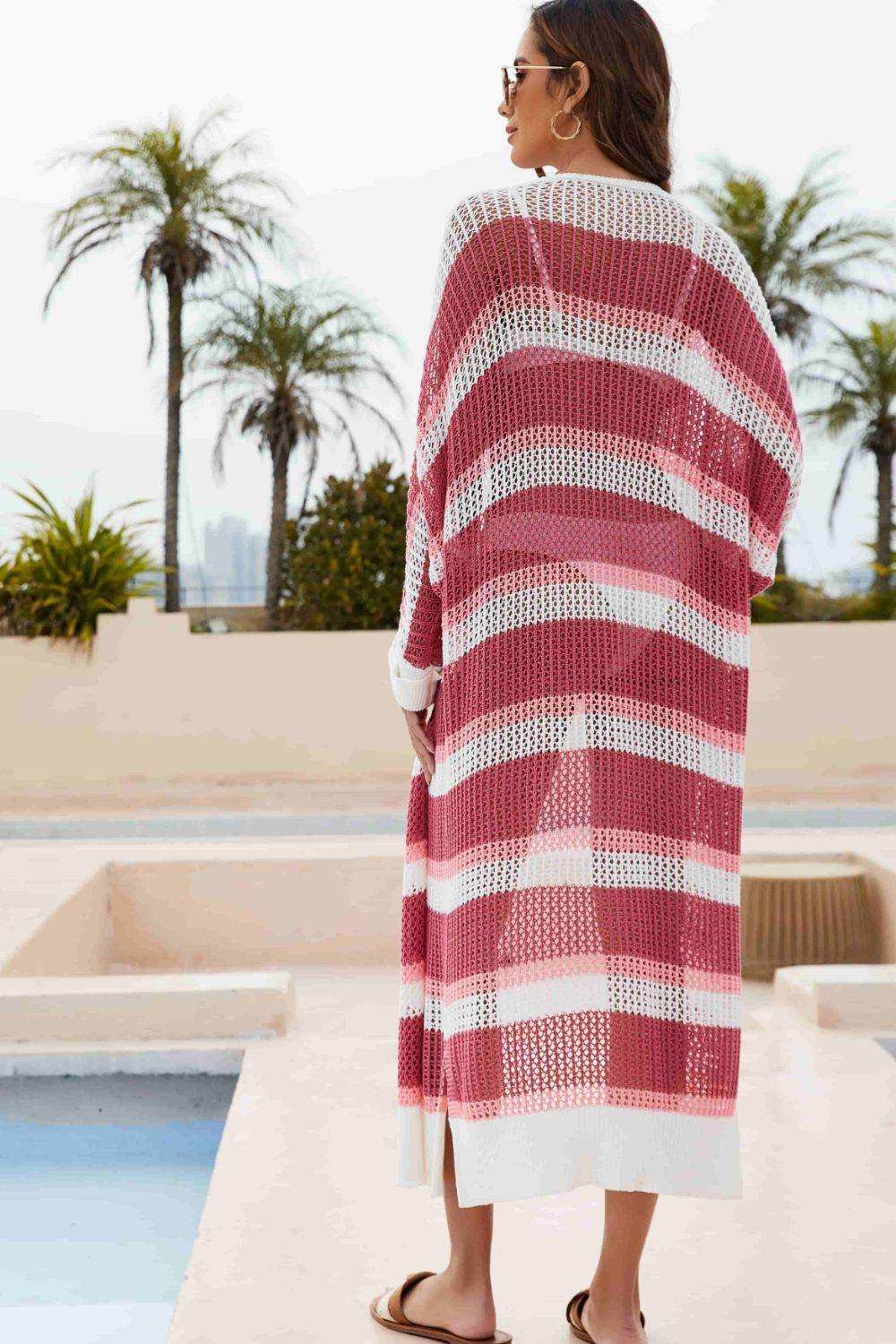 Striped Open Front Side Slit Duster Cover Up - Trendsi - Flyclothing LLC