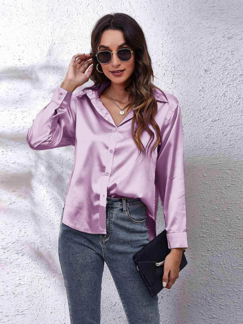 Collared Neck Buttoned Long Sleeve Shirt - Trendsi - Flyclothing LLC