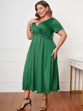 Plus Size Short Sleeve Surplice Neck Midi Dress - Trendsi - Flyclothing LLC