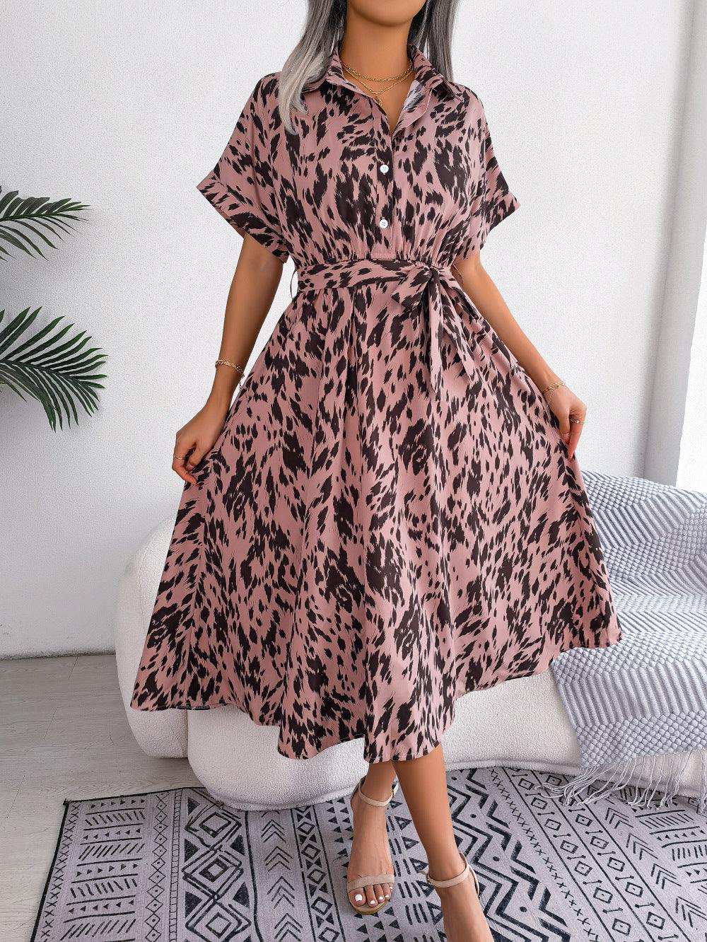 Printed Collared Neck Short Sleeve Tie Waist Dress - Trendsi - Flyclothing LLC