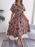 Printed Collared Neck Short Sleeve Tie Waist Dress - Trendsi - Flyclothing LLC