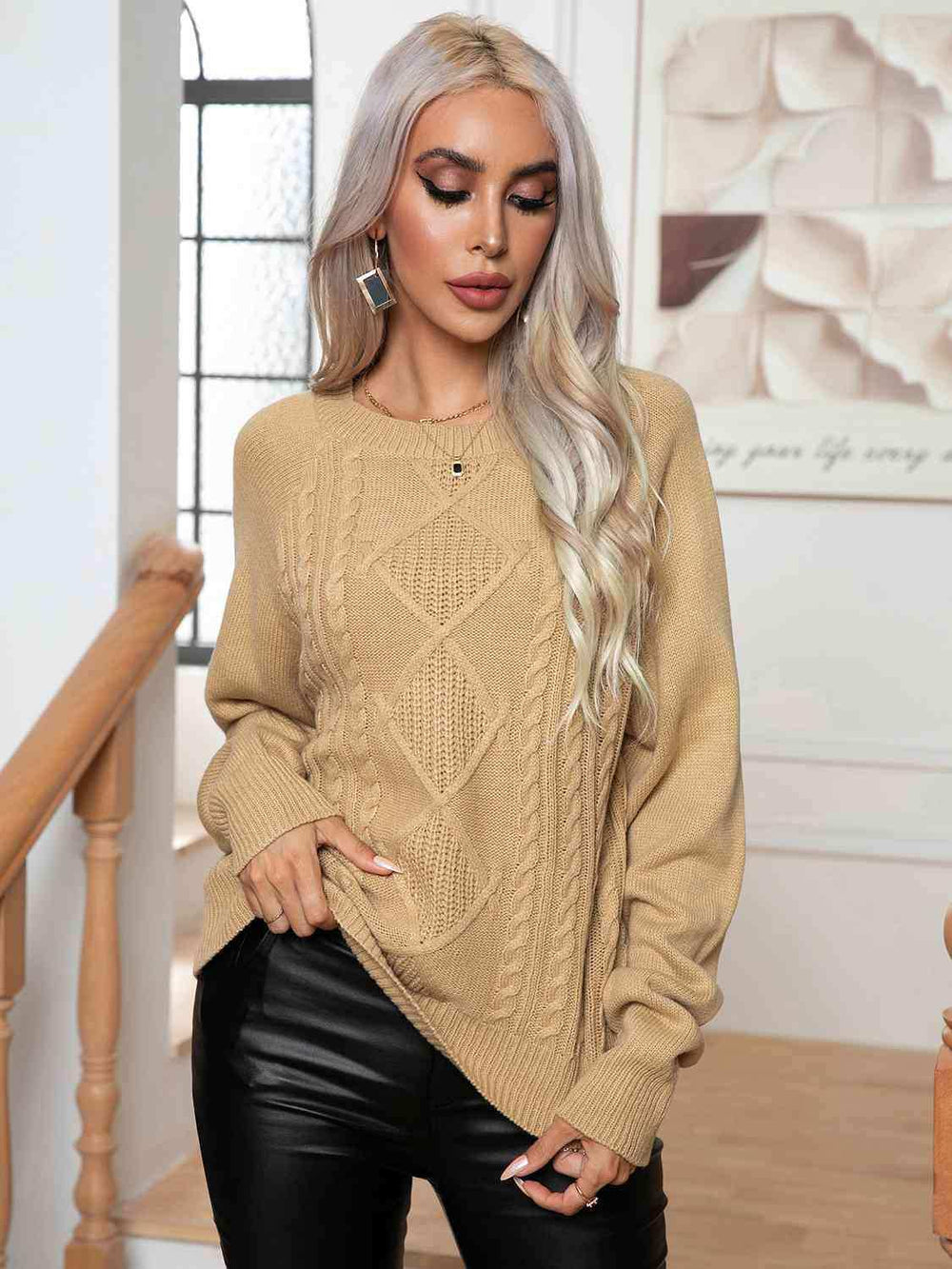 Cable-Knit Long Sleeve Sweater - Trendsi - Flyclothing LLC