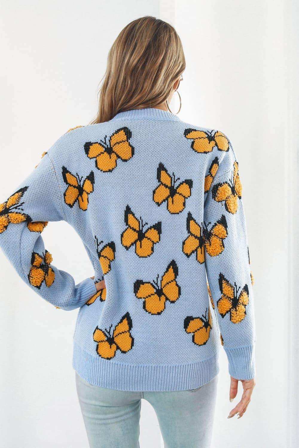 Butterfly Pattern Round Neck Dropped Shoulder Sweater - Trendsi - Flyclothing LLC