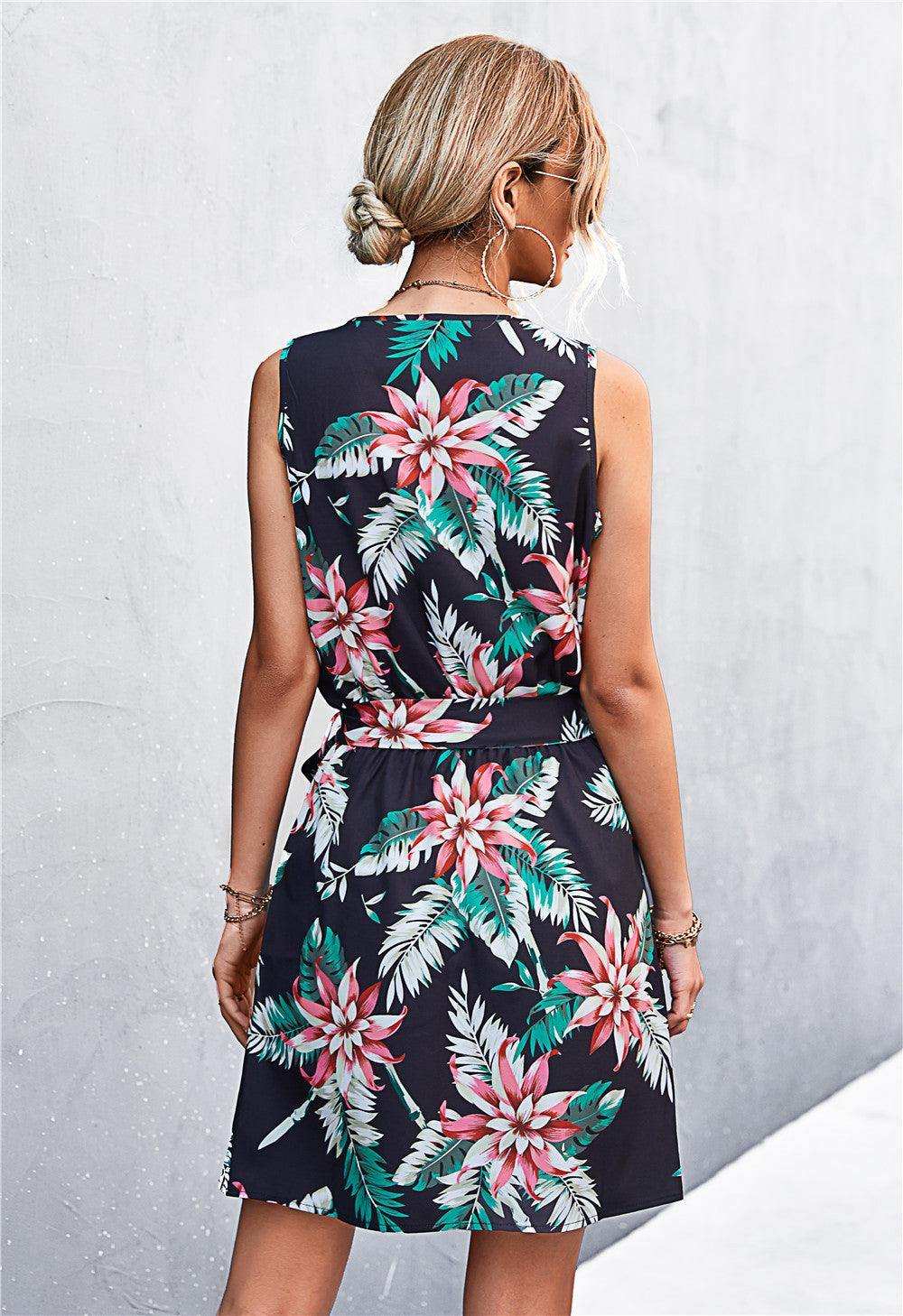 Printed Zip Detail Belted Sleeveless Dress - Trendsi - Flyclothing LLC
