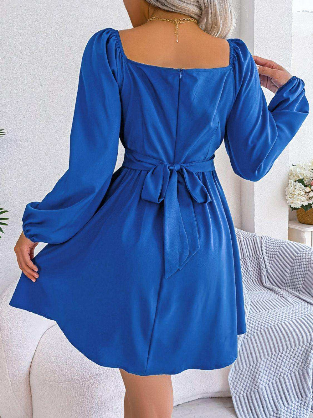 Tied Square Neck Balloon Sleeve Dress - Trendsi - Flyclothing LLC