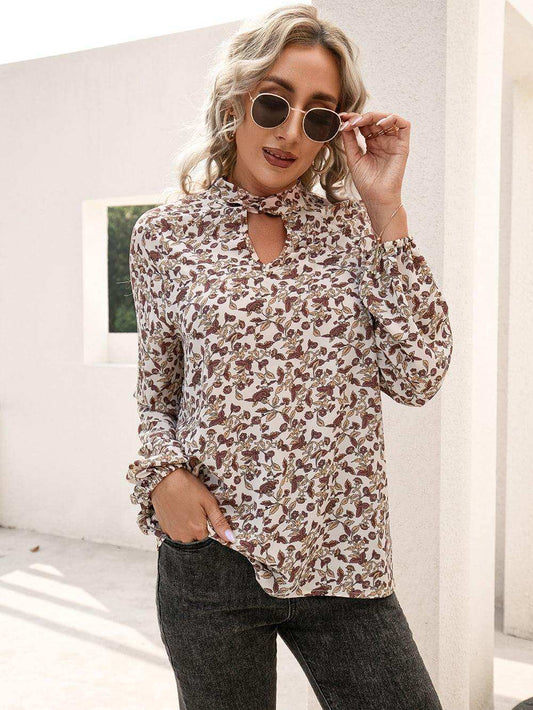 Floral Print Long Sleeve Mock Neck Blouse - Trendsi - Flyclothing LLC