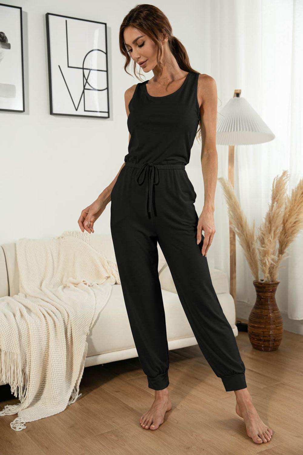 Drawstring Waist Round Neck Jogger Jumpsuit - Trendsi - Flyclothing LLC