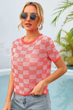 Checkered Short Sleeve Knit Top - Trendsi - Flyclothing LLC