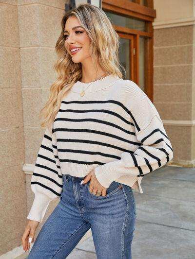 Round Neck Striped Lantern Sleeve Sweater - Trendsi - Flyclothing LLC