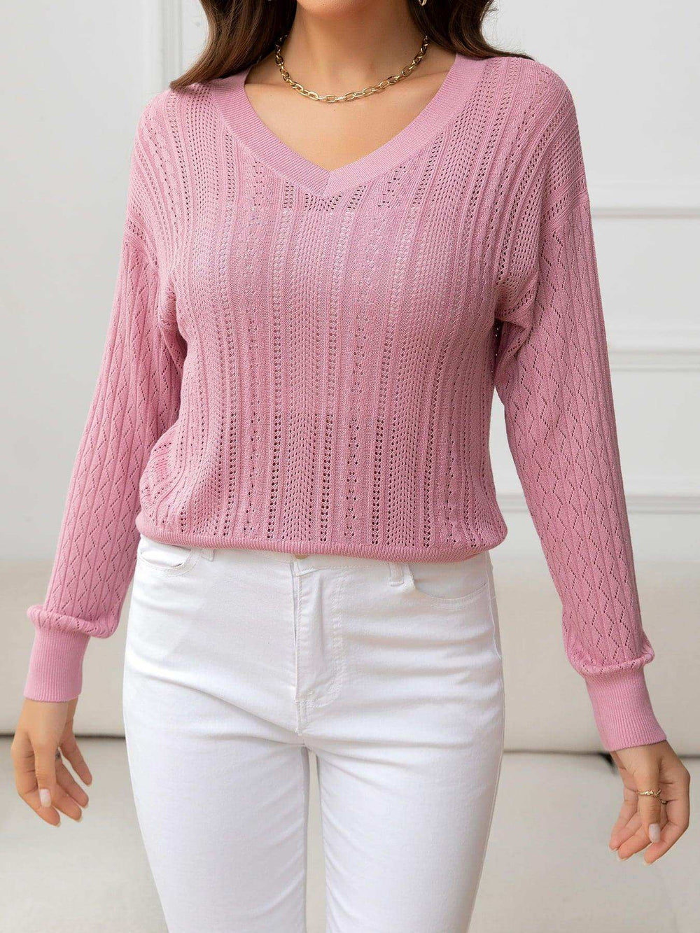 V-Neck Long Sleeve Eyelet Knit Top - Trendsi - Flyclothing LLC