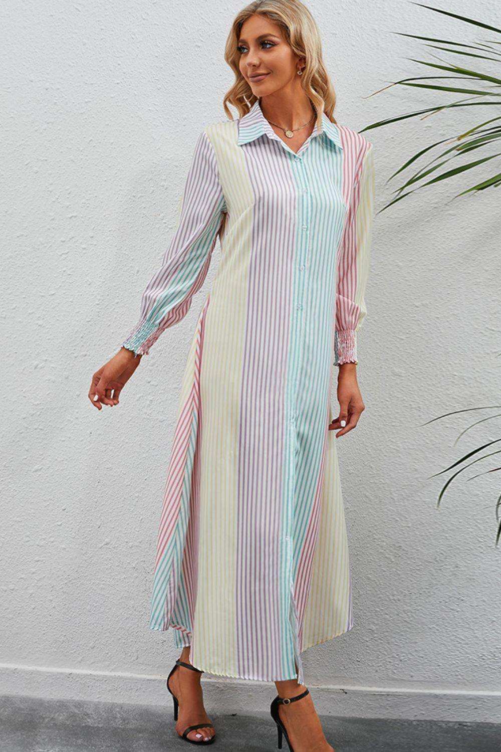 Rainbow Stripe Button-Up Maxi Shirt Dress - Trendsi - Flyclothing LLC