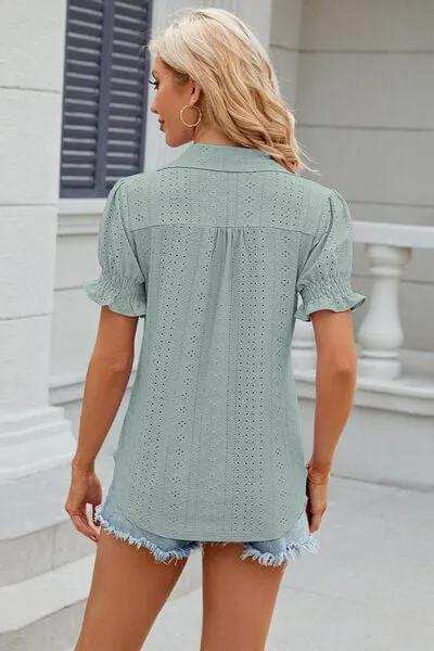 Eyelet Johnny Collar Short Sleeve Blouse - Trendsi - Flyclothing LLC