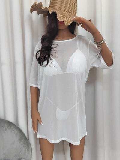 Mesh Boat Neck Half Sleeve Cover Up - Trendsi - Flyclothing LLC