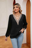 Swiss Dot Contrast V-Neck Blouse - Trendsi - Flyclothing LLC