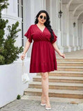 Plus Size Ruched Surplice Flounce Sleeve Mini Dress - Trendsi - Flyclothing LLC