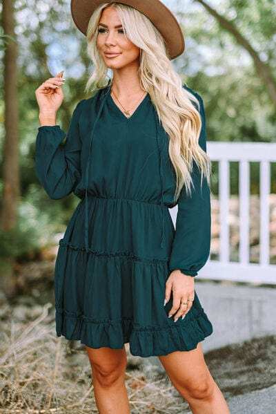 Frill Tie Neck Balloon Sleeve Dress - Trendsi - Flyclothing LLC