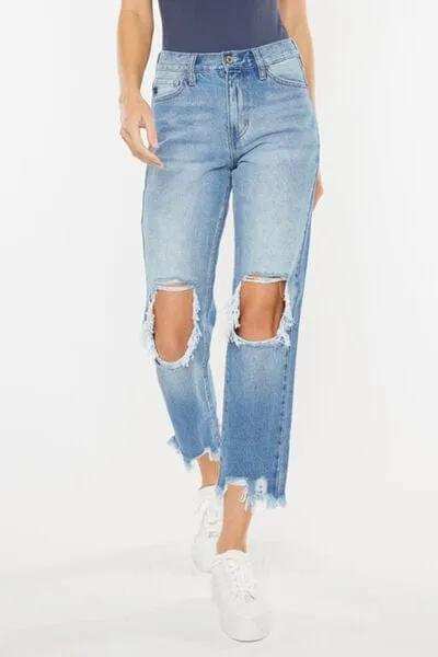 Kancan High Waist Chewed Up Straight Mom Jeans - Trendsi - Flyclothing LLC
