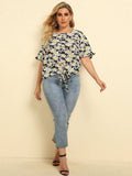 Plus Size Floral Round Neck Tie Hem Blouse - Trendsi - Flyclothing LLC