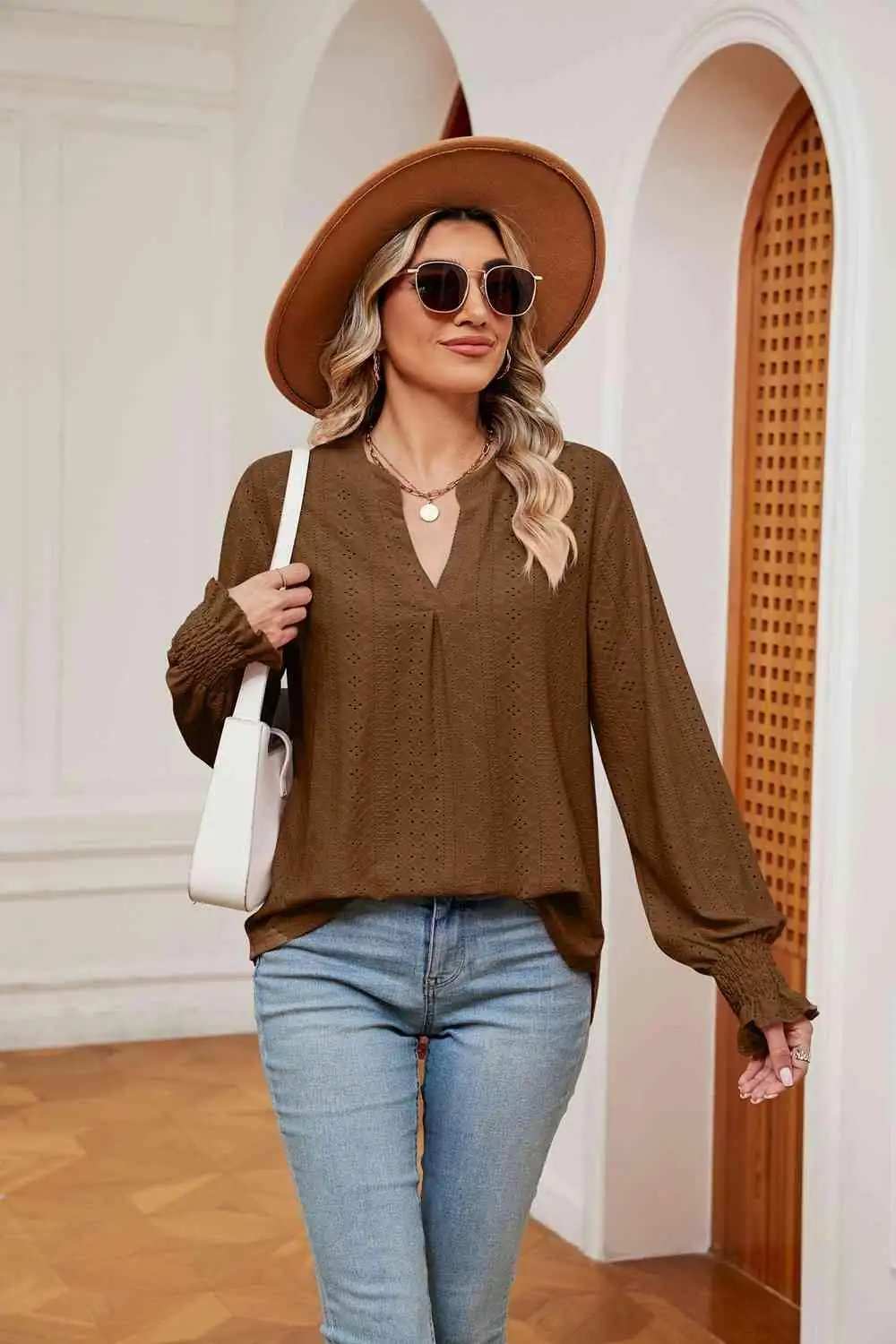 Notched Neck Flounce Sleeve Blouse - Trendsi - Flyclothing LLC