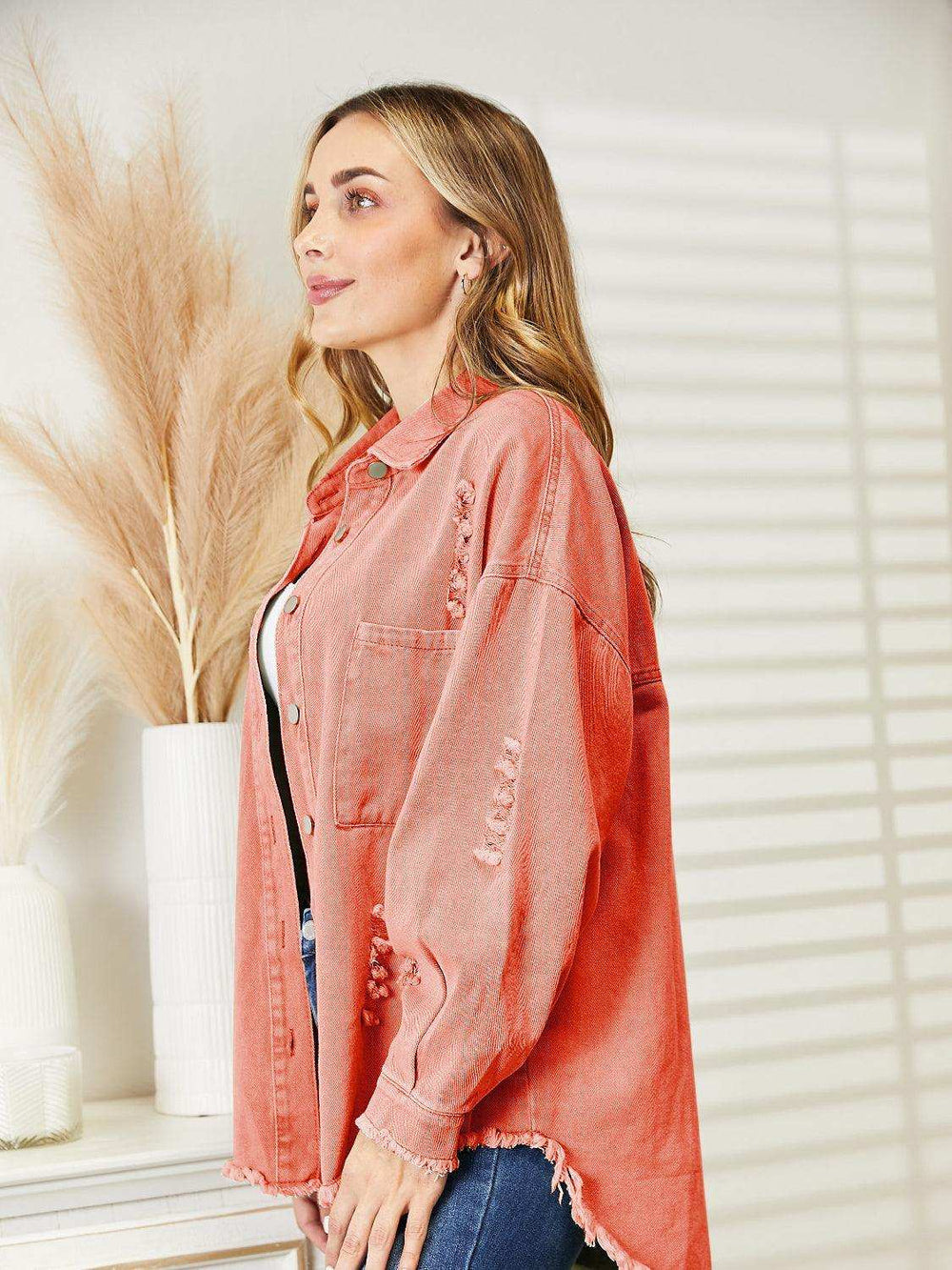 Distressed Raw Hem Denim Jacket - Trendsi - Flyclothing LLC