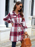 Plaid Belted Collared Neck Button Up Jacket - Trendsi - Flyclothing LLC