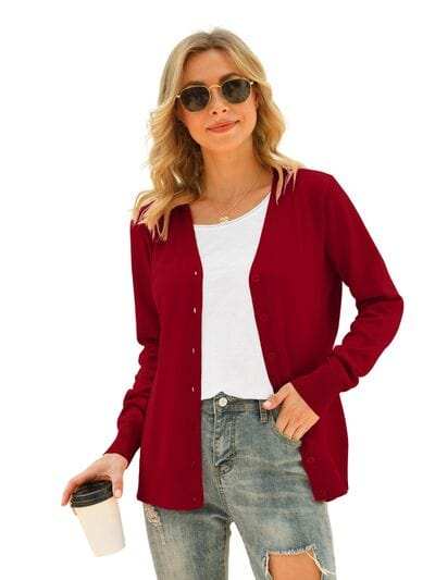 Button Up V-Neck Long Sleeve Cardigan - Trendsi - Flyclothing LLC