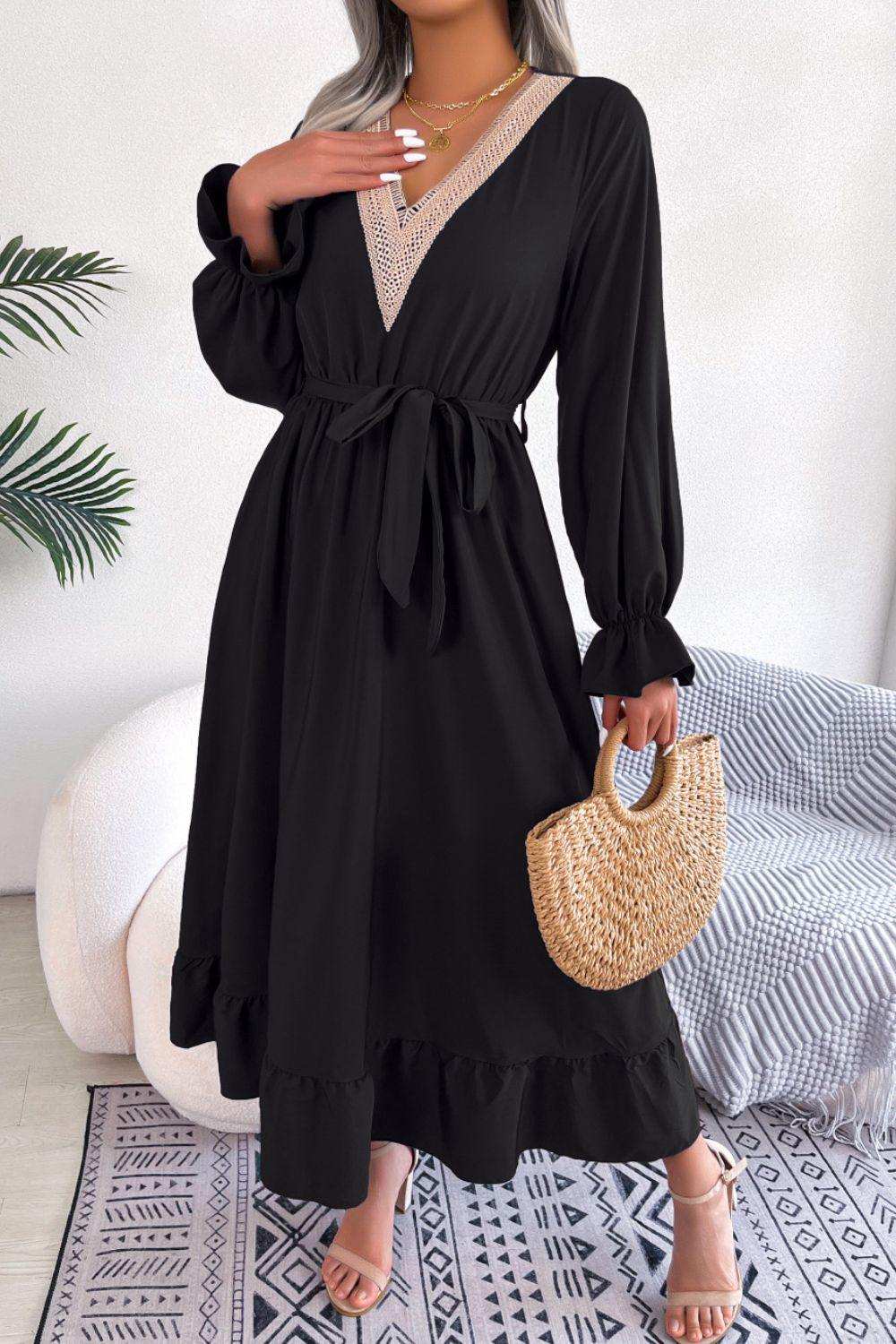 Contrast Belted Flounce Sleeve Dress - Trendsi - Flyclothing LLC