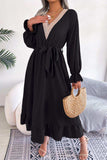 Contrast Belted Flounce Sleeve Dress - Trendsi - Flyclothing LLC