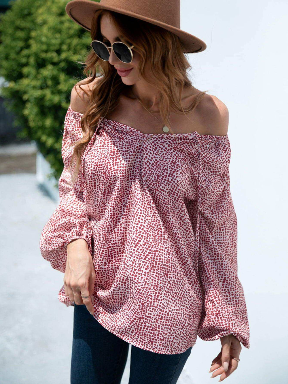 Printed Tie-Neck Balloon Sleeve Blouse - Trendsi - Flyclothing LLC