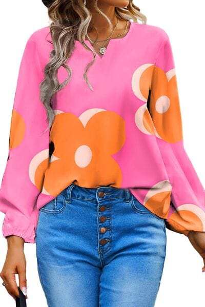 Flower Notched Balloon Sleeve Blouse - Trendsi - Flyclothing LLC