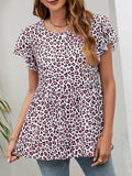 Leopard Round Neck Flutter Sleeve Babydoll Blouse - Trendsi - Flyclothing LLC