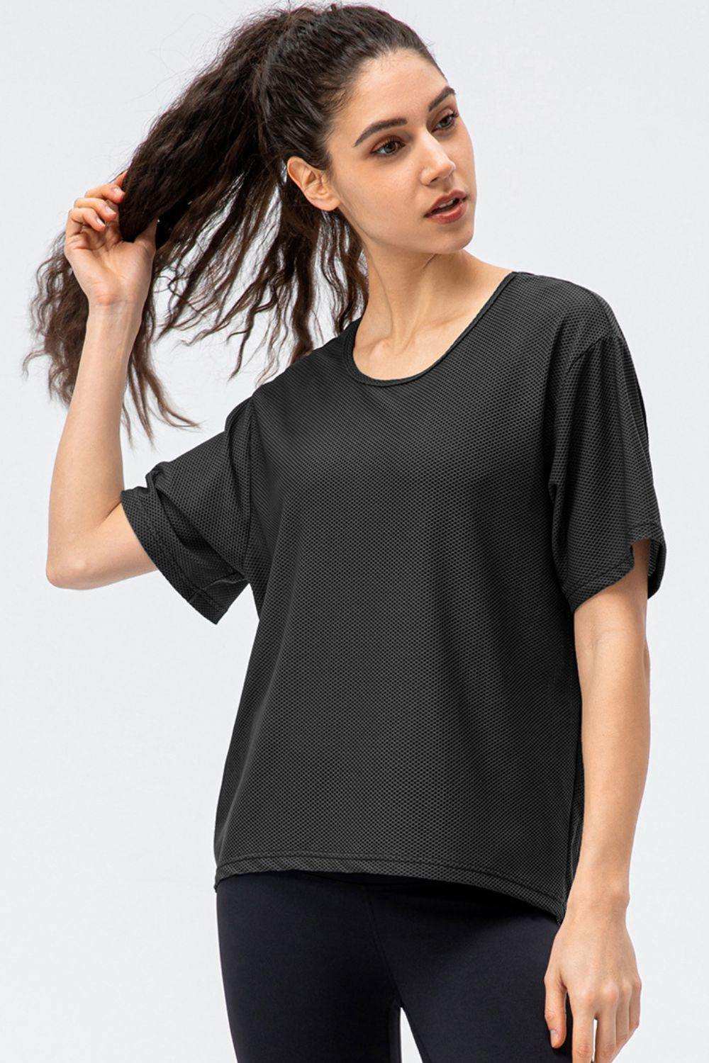 Round Neck Short Sleeve Active Tee - Trendsi - Flyclothing LLC