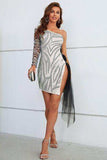 Zebra Print Rhinestone Slit Single Shoulder Dress - Trendsi - Flyclothing LLC
