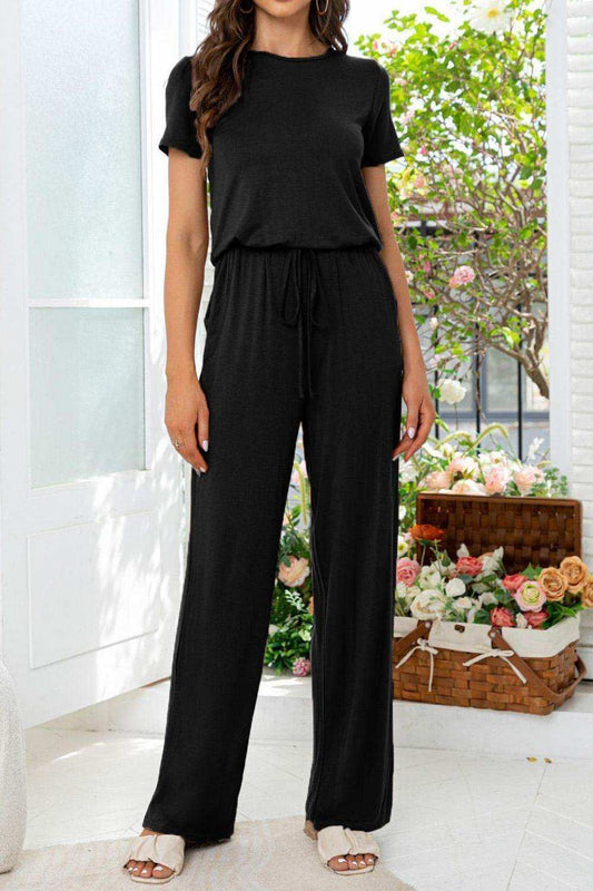 Round Neck Open Back Jumpsuit with Pockets - Trendsi - Flyclothing LLC