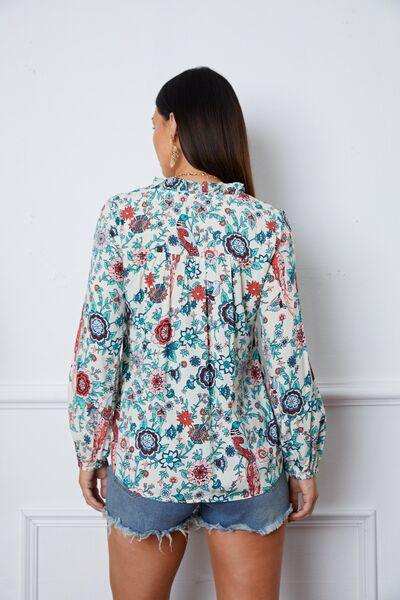 Floral Notched Long Sleeve Blouse - Trendsi - Flyclothing LLC