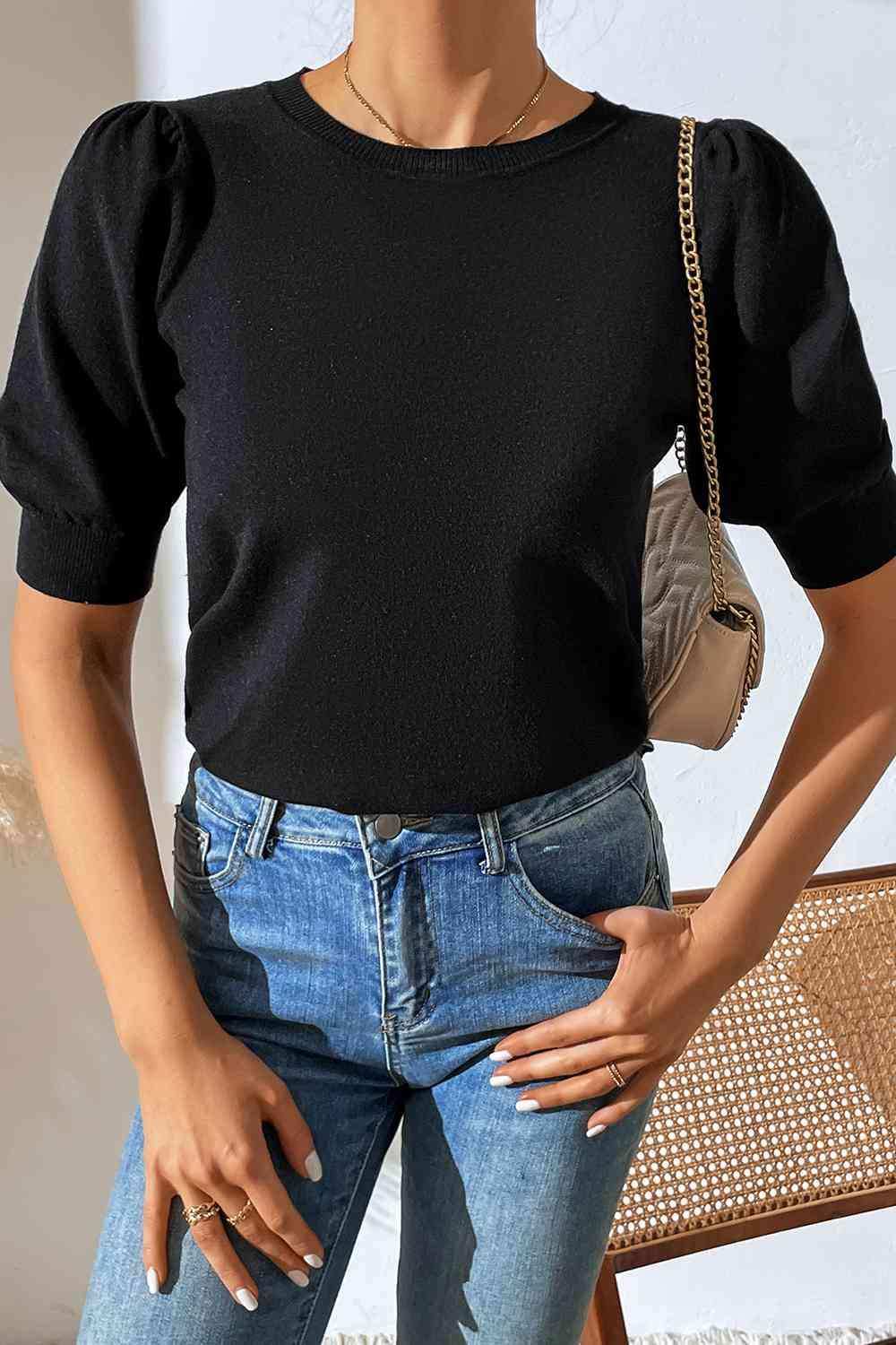 Round Neck Puff Sleeve Knit Top - Trendsi - Flyclothing LLC
